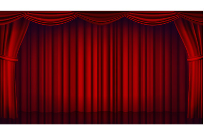 Red Theater Curtain Vector. Theater, Opera Or Cinema Closed Scene. Realistic Red Drapes Illustration