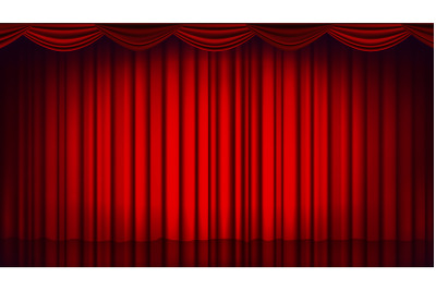 Red Theater Curtain Vector. Theater, Opera Or Cinema Empty Silk Stage, Red Scene. Realistic Illustration