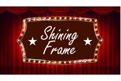 Theater Curtain, Frame Light Bulbs Vector. Blue Background. Blue Silk Textile. Shining Retro Light Banner. Gold Frame. Realistic Vintage Illustration