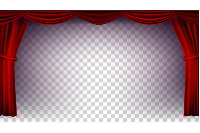 Red Theater Curtain Vector. Transparent Background. Poster For Concert, Theater, Opera Or Cinema Empty Silk Stage, Red Scene. Realistic Illustration