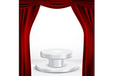 Podium Under Red Theater Curtain Vector. Ceremony Award. Presentation. Pedestal For Winners. Isolated Illustration