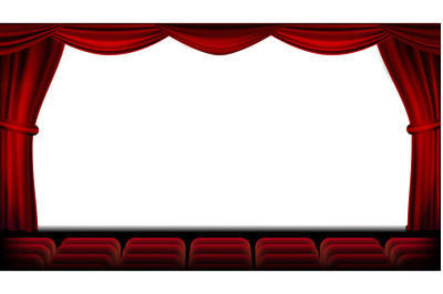 Auditorium With Seating Vector. Red Curtain. Theater, Cinema Screen And Seats. Stage And Chairs. Realistic Illustration