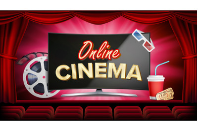 Online Cinema Vector. Banner With Computer Monitor. Red Curtain. Theater&2C; 3D Glasses&2C; Film-strip Cinematography. Online Movie Banner&2C; Poster. Illustration