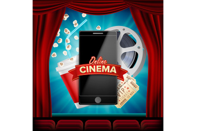 Online Cinema Vector. Banner With Mobile Phone. Red Curtain. Theater. 3D Online Cinema. Template For Web Cite&2C; Ads&2C; Poster. Flyer&2C; Poster. Film Industry. Illustration