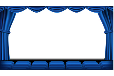 Auditorium With Seating Vector. Blue Curtain. Theater, Cinema Screen And Seats. Stage And Chairs. Blue Curtain. Theater. Realistic Illustration.