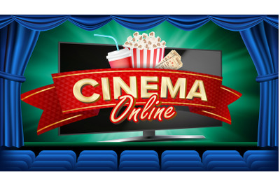 Online Cinema Banner Vector. Realistic Computer Monitor. Movie Brochure Design. Template Banner For Movie Premiere&2C; Show. Blue Curtain. Theater. Marketing Luxury Poster Illustration.