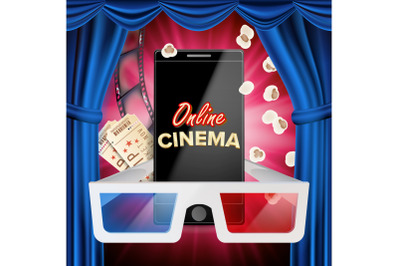 Online Cinema Banner Vector. Realistic Smart Phone. Template For Placard&2C; Promotion Material. Blue Curtain. Theater. Online Cinema Background. Luxury Banner Illustration.