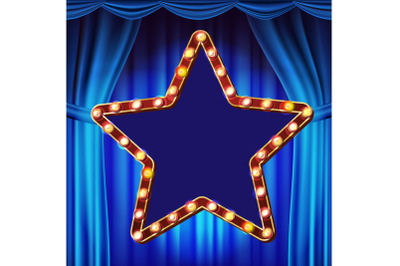 Retro Star Billboard Vector. Blue Theater Curtain. Shining Light Sign Board. Realistic Shine Lamp Frame. 3D Electric Glowing Element. Carnival, Circus, Casino Style. Illustration