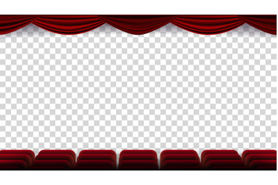 Cinema Chairs Vector. Film, Movie, Theater, Auditorium With Red Seat, Row Of Chairs. Blank Screen. Isolated On Transparent Background Illustration