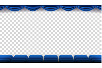 Cinema Chairs Vector. Film, Movie, Theater, Auditorium With Blue Seat, Chairs. Premiere Event Template. Super Show. Isolated On Transparent Background Illustration