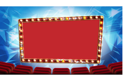 Retro Cinema Banner Vector. Light Bulbs. Red Theater Curtain. Silk Textile. Shining Retro Light Banner. Realistic Retro Illustration