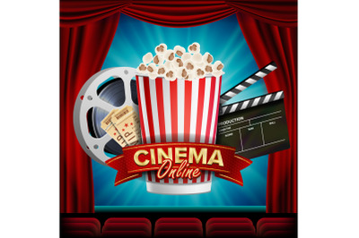 Online Cinema Banner Vector. Realistic. Film Industry Theme. Box Of Popcorn&2C; Elements Of The Movie Theater. Theater Curtain. Illustration