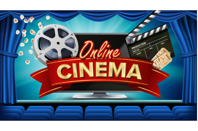 Online Cinema Banner Vector. Realistic Computer Monitor. Movie Brochure Design. Theater Curtain. Template Banner For Movie Premiere&2C; Show. Marketing Luxury Poster Illustration.