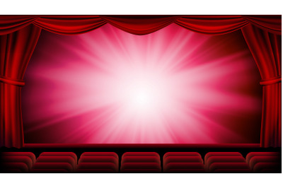Red Theater Curtain Vector. Red Background. Theater, Opera Or Cinema Closed Scene. Banner, Placard, Poster Template. Realistic Red Drapes Illustration