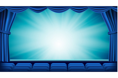 Blue Theater Curtain Vector. Theater, Opera Or Cinema Empty Silk Stage, Red Scene. Blue Background. Banner, Placard, Poster Template. Realistic Illustration