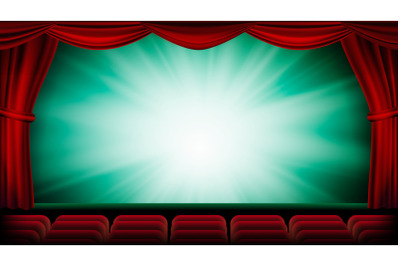 Theater Curtain Vector. Theater&2C; Opera Or Cinema Scene. Green Background. Banner&2C; Placard&2C; Poster Design Template. Realistic Illustration