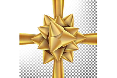 Gift Bow Vector. Bright Gold Ribbon. Isolated On Transparent Background Illustration.