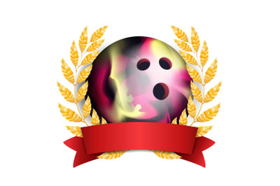 Bowing Award Vector. Sport Banner Background. Ball&2C; Red Ribbon&2C; Laurel Wreath. 3D Realistic Isolated Illustration