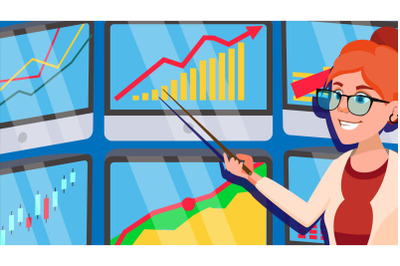 Broker Female Vector. Stock-market Broker. Charts, Data Analyses. Trading Stocks Online. Computer Screen. Traders Office. Business Success. Flat Cartoon Illustration