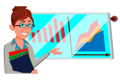 Broker Female Vector. Successful Stock-market Broker. Dynamics Of Financial Growth. Graphs, Indexes. Confident. Standing. Stock Exchange. Flat Cartoon Illustration