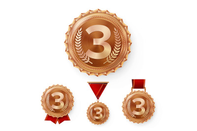 Champion Bronze Medals Set Vector. Metal Realistic 3rd Placement Winner Achievement. Number Three. Round Medal With Red Ribbon.