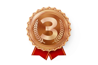 Bronze Medal Vector. Best First Placement. Winner, Champion, Number One. 3rd Place Achievement. Metallic Winner Award. Red Ribbon. Isolated On White Background. Realistic Illustration.