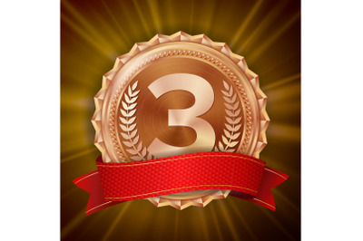 Bronze Medal Vector. Round Championship Label. Ceremony Winner Honor Prize. Red Ribbon. Realistic Illustration.