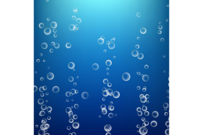 Bubbles In Water On Blue Background. Ocean Deep. Circle And Liquid, Light Design. Clear Soapy Shiny. Vector Illustration