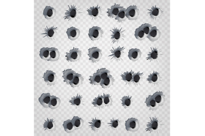 Bullet Holes Set Vector. Weapon Holes Isolated On Transparent Background. Illustration