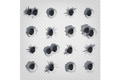 Bullet Holes In Metal Wall Vector. Realistic Caliber Weapon Holes Isolated On Transparent Background. Gunshot Cracked Bullets Holes. Effect Damage Illustration