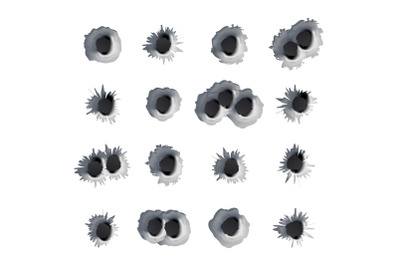 Bullet Holes Set Vector. Realistic Caliber Weapon Bullet Holes Punched Through Metal Isolated On White Background. Crime Concept. Effect Damage Illustration