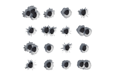 Metal Bullet Holes Set Vector. Realistic Caliber Weapon Holes Punched Through Metal Isolated. Gunshot Cracked Bullets Holes. Effect Damage Illustration