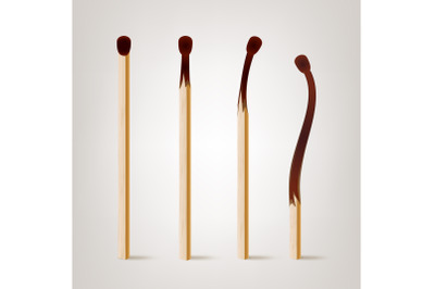 Realistic Burnt Match Vector. Various Stages Of Matches Burning Set Isolated. Realistic Illustration