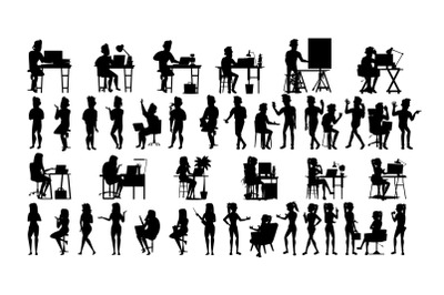 Business People Silhouette Set Vector. Man, Woman. Adult Worker. Background Element. Corporate Handshake. Employee Diverse. Male, Female. Black Isolated On White Illustration