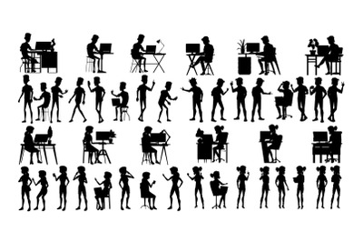 Business People Silhouette Set Vector. Man, Woman. Adult Worker. Background Element. Corporate Handshake. Employee Diverse. Male, Female. Black Isolated On White Illustration