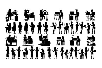 Business People Silhouette Set Vector. Male, Female. Icon Pose. Social Conference. Leader Businesswomen. Businesswoman Manager. Leadership Image. Black Isolated On White Illustration