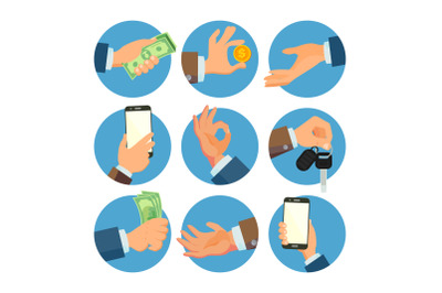 Businessman Hands Set Vector. Salesman&2C; Worker. Banking Finance Sale Concept. Human Hand Business Banner. Hand Holding Smart Phone&2C; Keys. Giving&2C; Receiving Money. Flat Cartoon Isolated Illustration