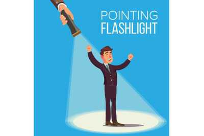 Choosing An Employee Vector Concept. Smiling Business Man In Suit. Standing. Person For Hiring. Flashlight Pointing To Happy Employee. Select People. Flat Illustration