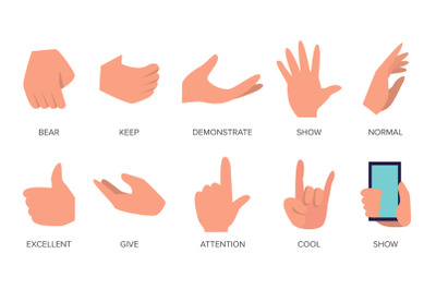 Gestures Set Vector. Hands In Different Emotions. Various Arm Gestures Signs. Flat Cartoon Isolated Illustration