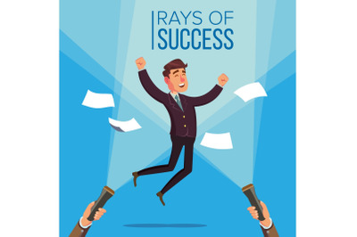 Happy Manager, Businessman Vector. Jumping On The Workplace. Rays Of Success Concept. Flashlight And Hand. Flat Illustration