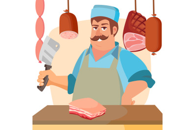 Butcher Character Vector. Classic Professional Butcher Man With Knife. For Steak, Meat Market, Storeroom Advertising Concept. Cartoon Isolated Illustration.