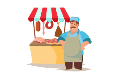 Classic Butcher Vector. Professional Butcher Man With Meat Cleaver. For Meat Market Advertising Concept. Eco Farm Organic Market Meat. Cartoon Isolated Illustration.