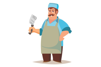 Happy Butcher Vector. Standing Butcher Man With Knife. Natural Meat. For Steak, Meat Market, Storeroom Advertising Concept. Cartoon Isolated Illustration.