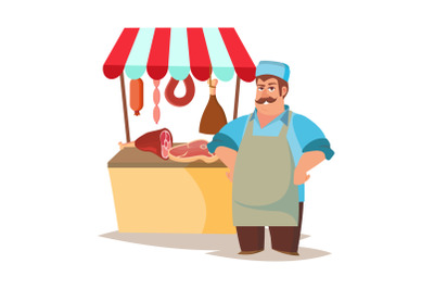 Classic Butcher Vector. Professional Butcher Man With Meat Cleaver. For Meat Market Advertising Concept. Eco Farm Organic Market Meat. Cartoon Isolated Illustration.