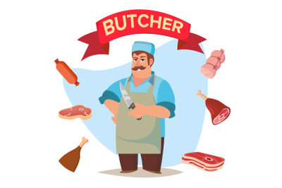 Professional Butcher Vector. Classic Butcher Man With Knife. Eco Farm Organic Market. For Storeroom Advertising. Cartoon Isolated Illustration.