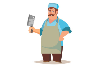 Happy Butcher Vector. Standing Butcher Man With Knife. Natural Meat. For Steak, Meat Market, Storeroom Advertising Concept. Cartoon Isolated Illustration.