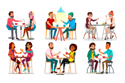 Friends In Cafe Vector. Man, Woman, Boyfriend, Girlfriend. Sitting Together And Drinking Coffee. Bistro, Cafeteria. Restaurant. Communication Breakfast Concept. Isolated Cartoon Illustration