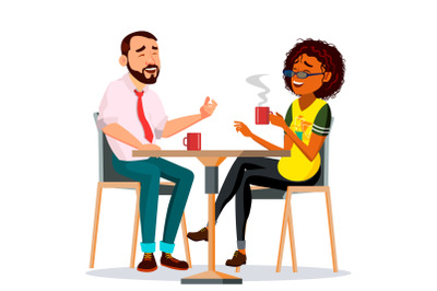 Couple In Restaurant Vector. Man And Woman. Sitting Together And Drinking Coffee. Lifestyle. Isolated Cartoon Illustration