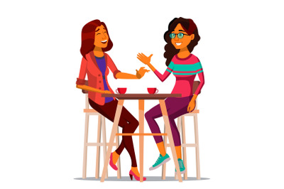 Two Woman Friends Drinking Coffee Vector. Best Friends In Cafe. Sitting Together In Restaurant. Communication, Laughter. Isolated Cartoon Illustration