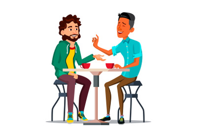 Friends In Cafe Vector. Two Man. Drinking Coffee. Bistro, Cafeteria. Coffee Break Concept. Lifestyle. Communication, Laughter. Isolated Cartoon Illustration